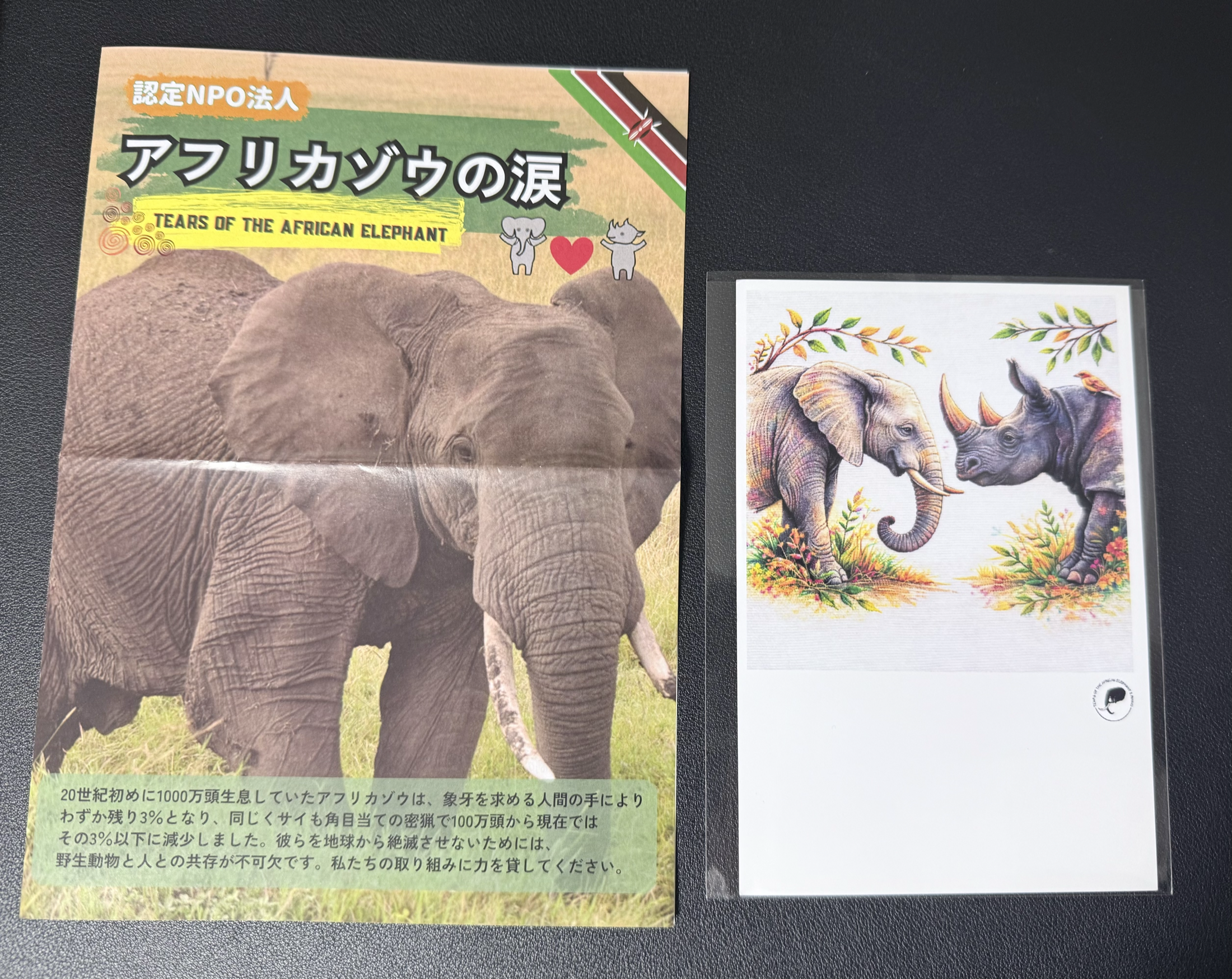アフリカゾウの涙のパンフレットと、向かい合うゾウとサイが描かれたイラスト